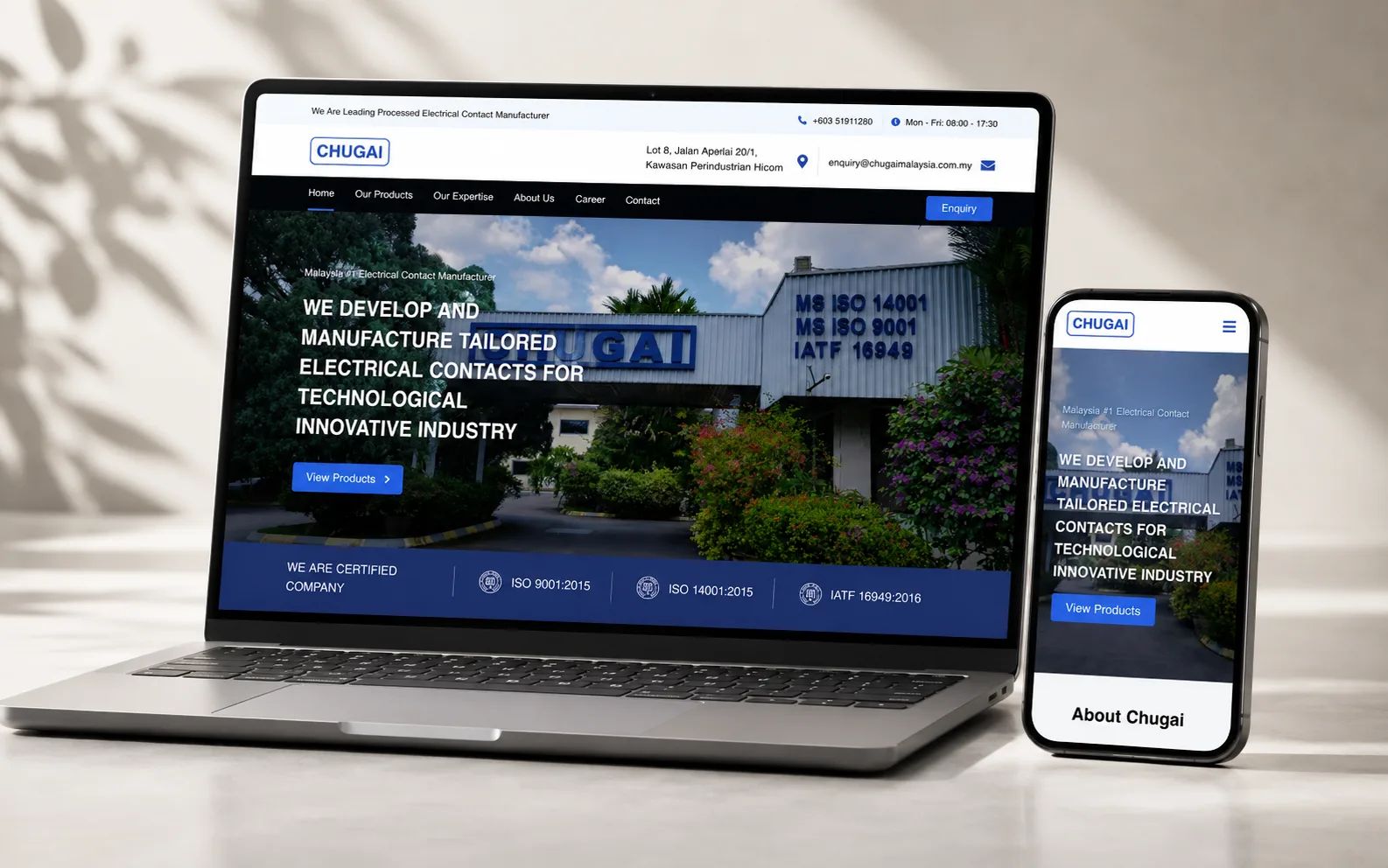 Chugai corporate website hero with manufacturing facility photo and ISO certification strip