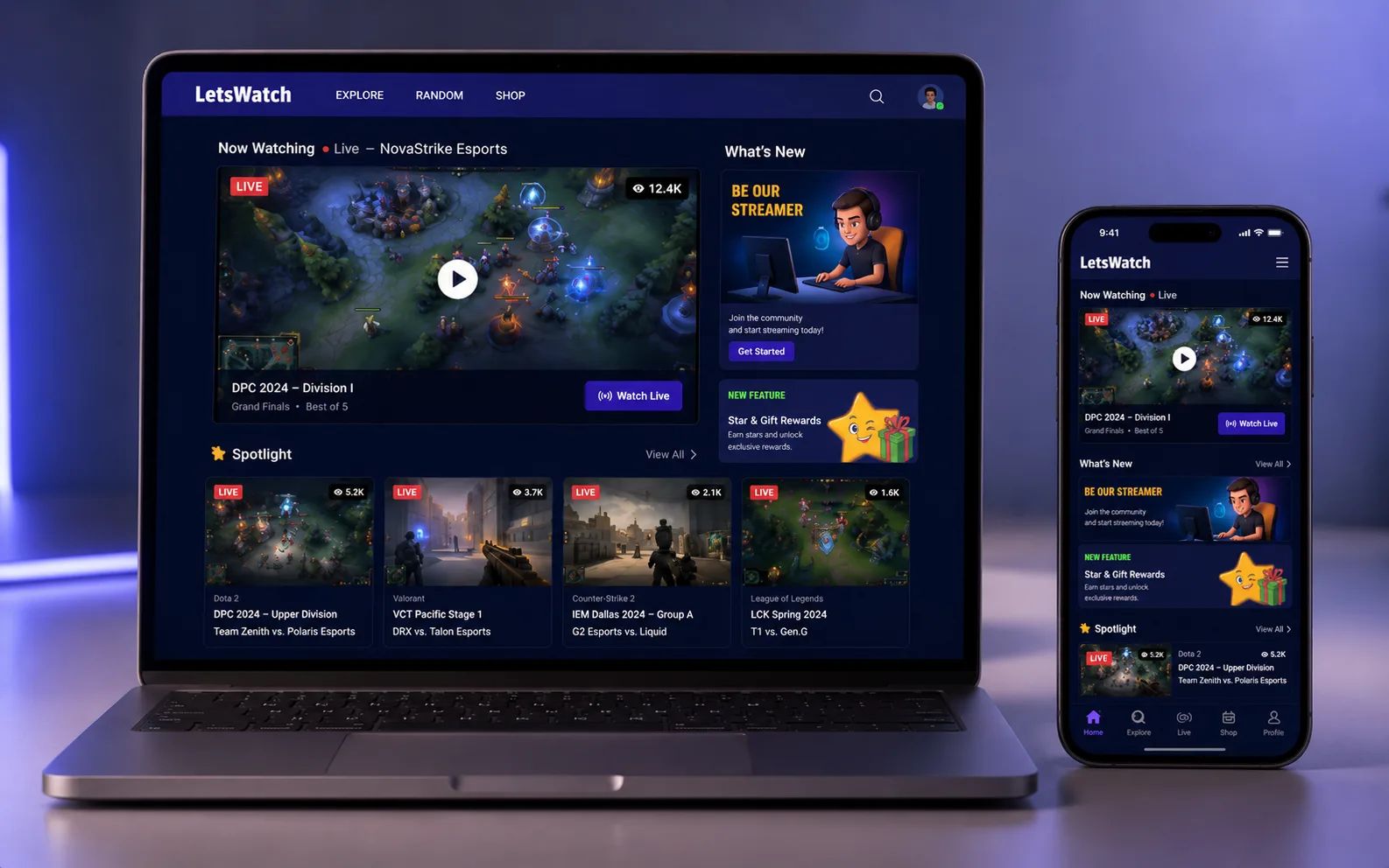 LetsWatch live streaming platform with a live player, what's new panel, and spotlight stream grid