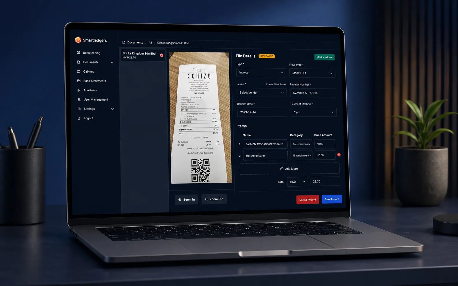 Smartledgers document review screen with a scanned receipt beside extracted invoice fields and line items