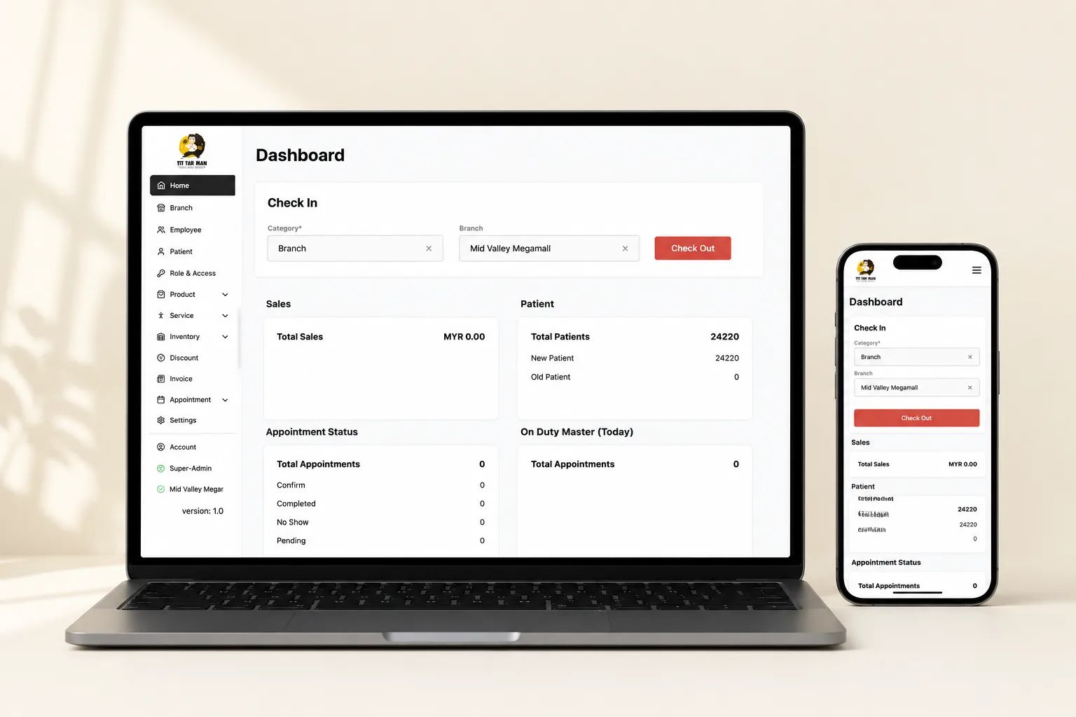 Tit Tar Man web POS dashboard with branch check-in, sales, patient totals, and appointment status