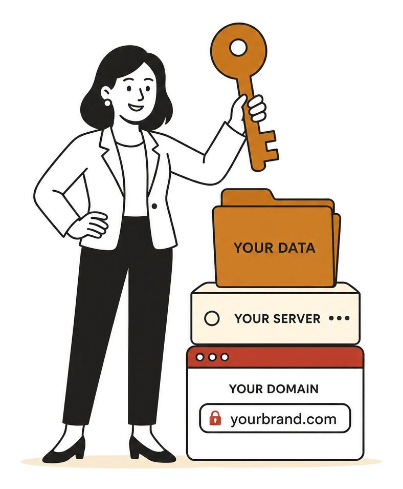 Business owner holding up a large key beside a labelled stack of her own data folder, server, and domain