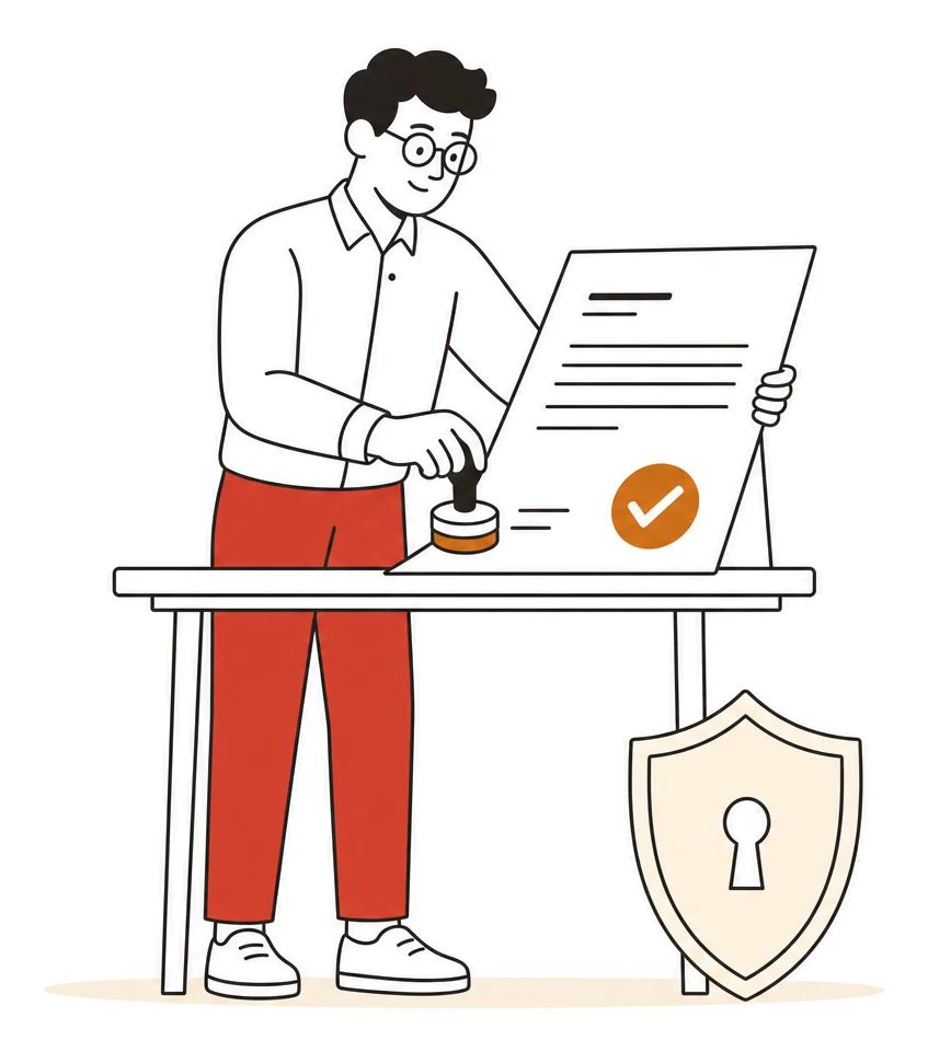 A reviewer stamping an approval mark onto a document, with a keyhole shield resting beside the desk
